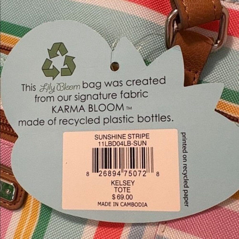 Lily Bloom Striped Tote Bag Recycled Material Multicolor With Brown Handles & Fl - Picture 8 of 8